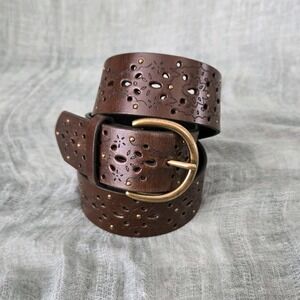 Target Women's Brown Bonded Leather Belt Gold Tone Metal Buckle Size 28"- 30" S